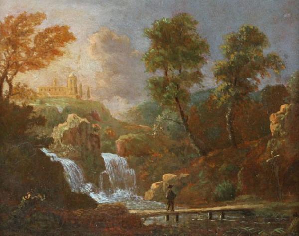 Willem van Bemmel Landschap figuur op een brug bij een waterval Germany oil painting art